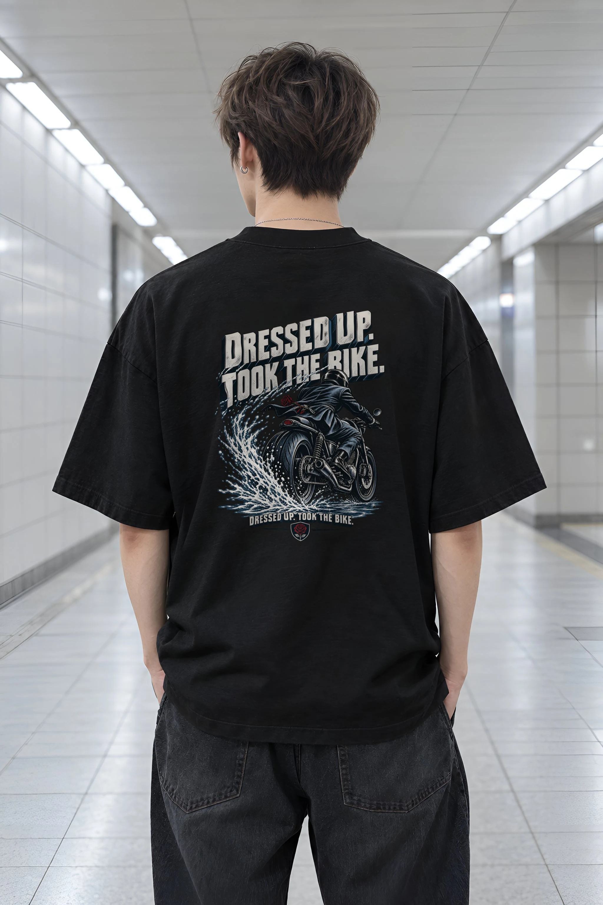 "Suited Motorcycle Rider" Men's Oversized Heavyweight Crewneck T-Shirt