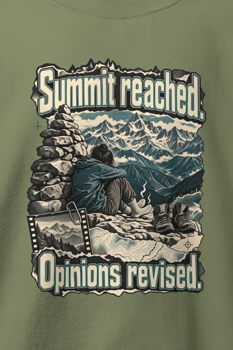 "Summit Reached Opinions Revised" Heavy Blend Unisex Crewneck Sweatshirt - the graphic up close