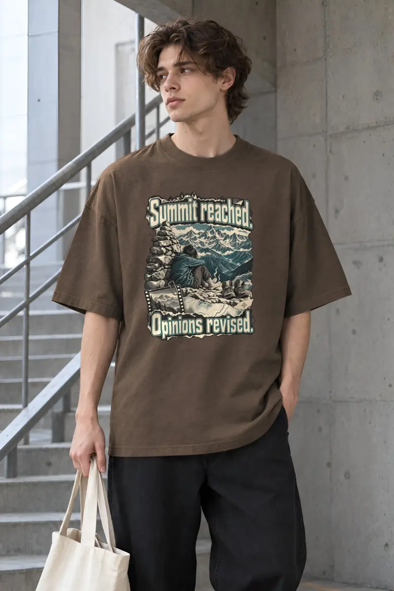 "Summit Reached. Opinions Revised." Men's Oversized Heavyweight Crewneck T-Shirt