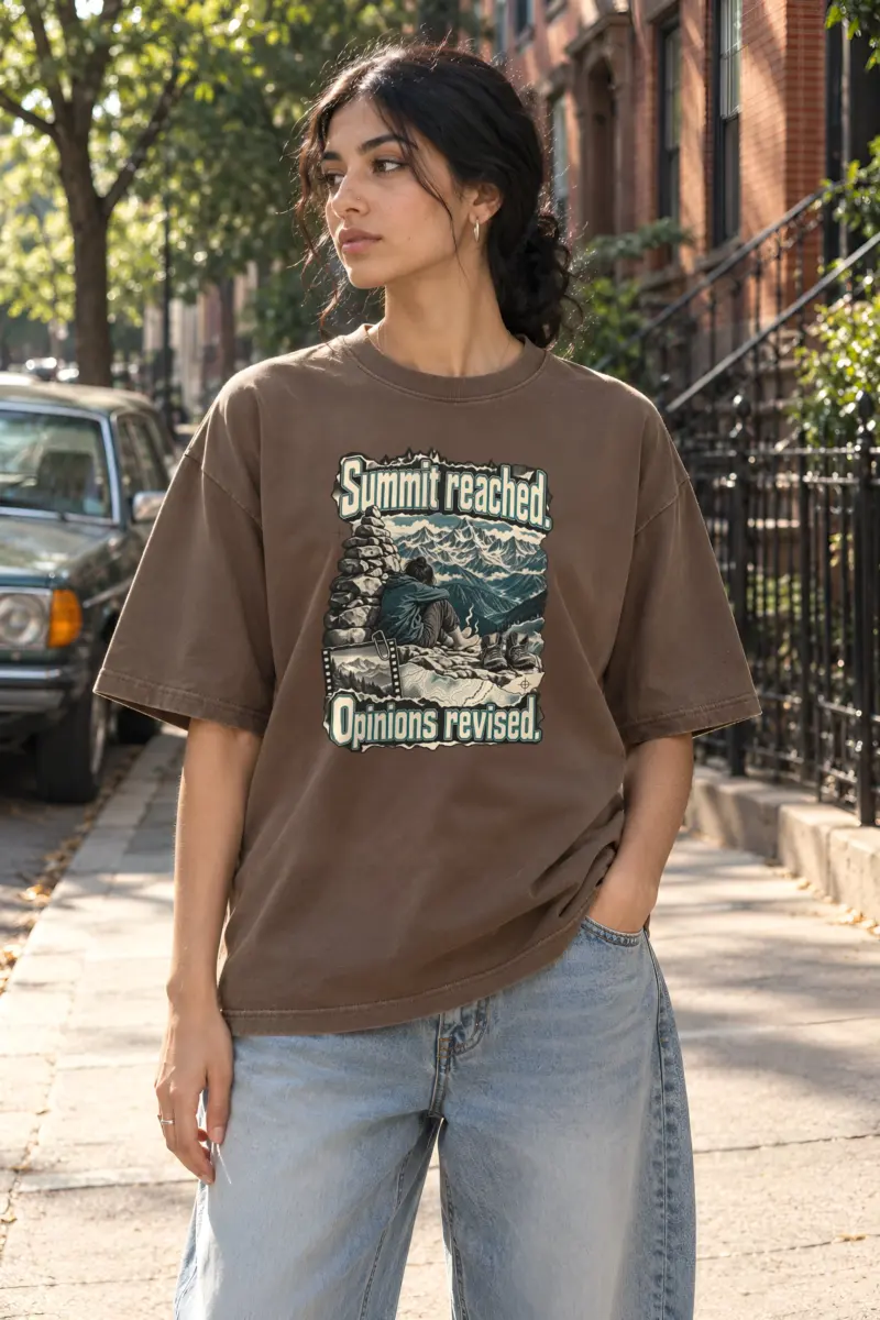 "Summit Reached. Opinions Revised." Unisex Oversized Heavyweight Crewneck T-Shirt