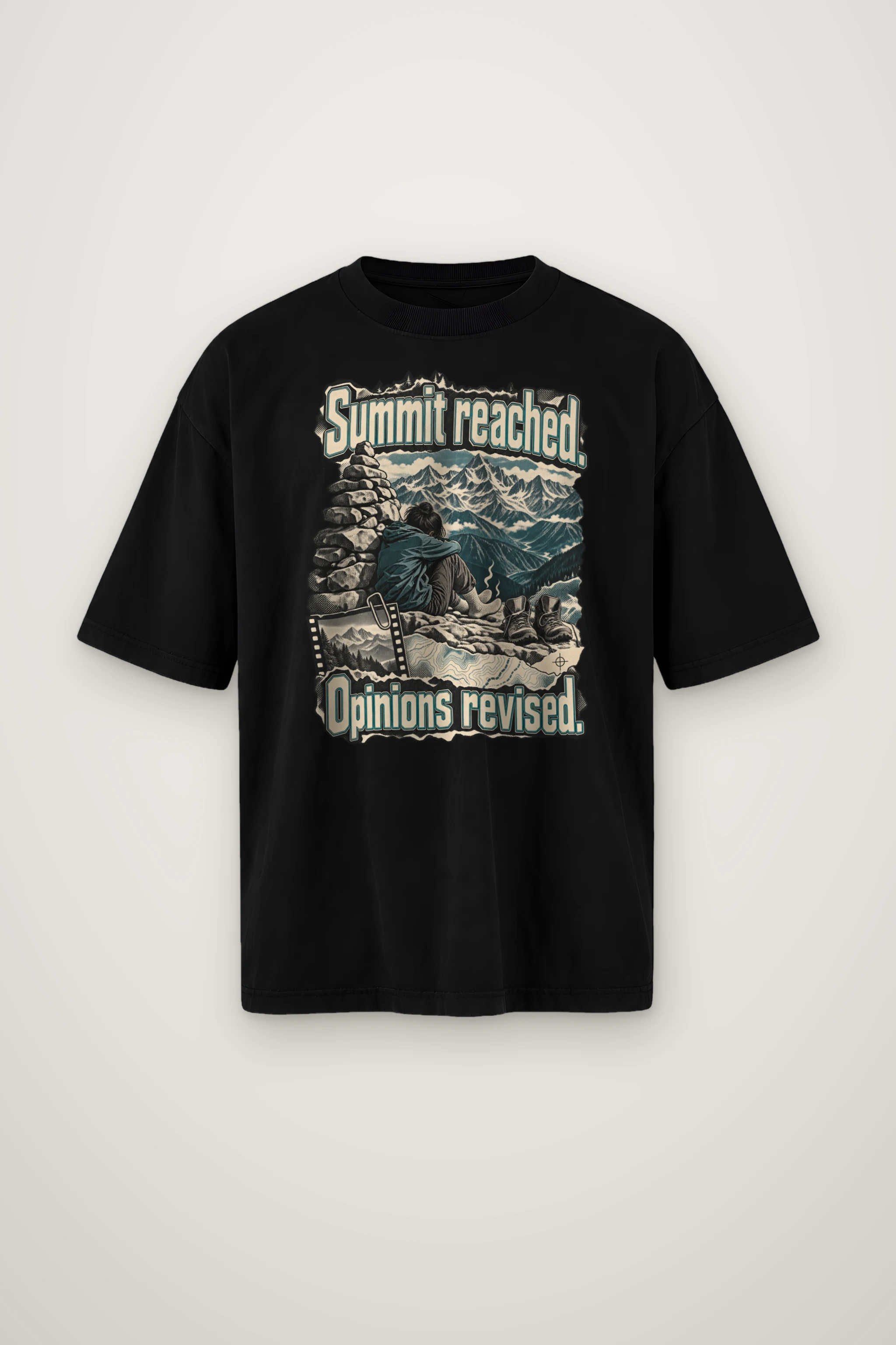 "Summit Reached. Opinions Revised." Men's Oversized Heavyweight Crewneck T-Shirt