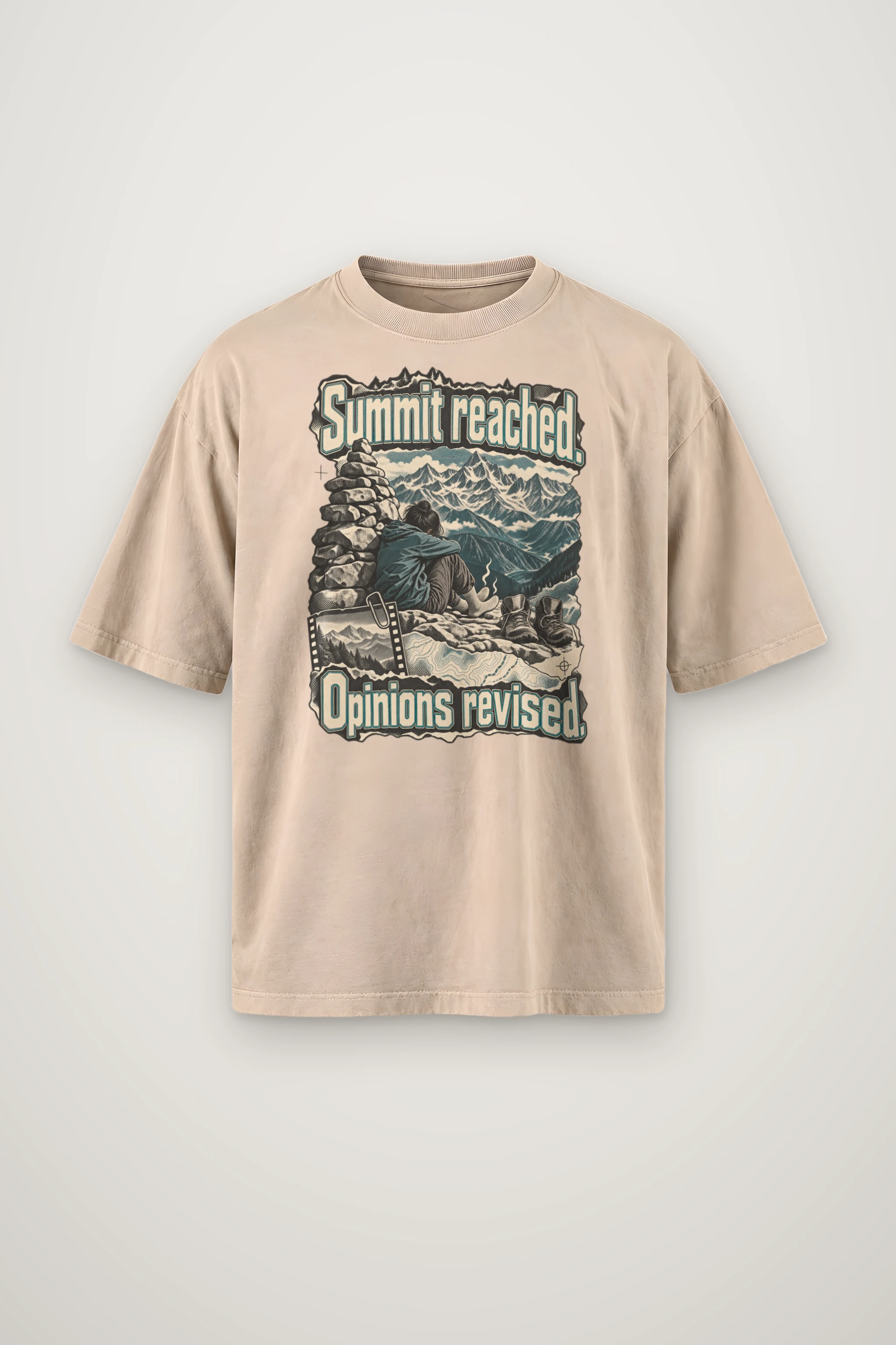"Summit Reached. Opinions Revised." Men's Oversized Heavyweight Crewneck T-Shirt