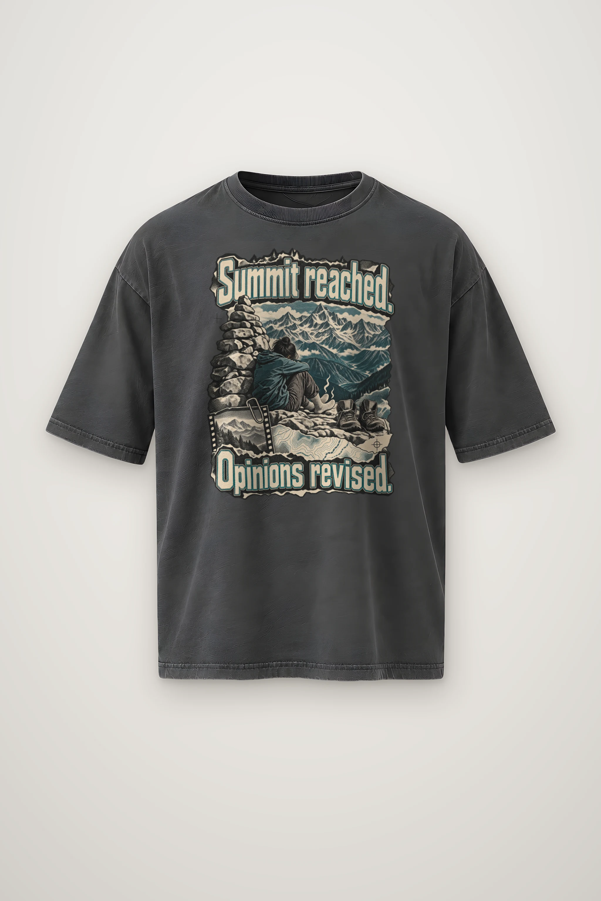 "Summit Reached. Opinions Revised." Men's Oversized Heavyweight Crewneck T-Shirt
