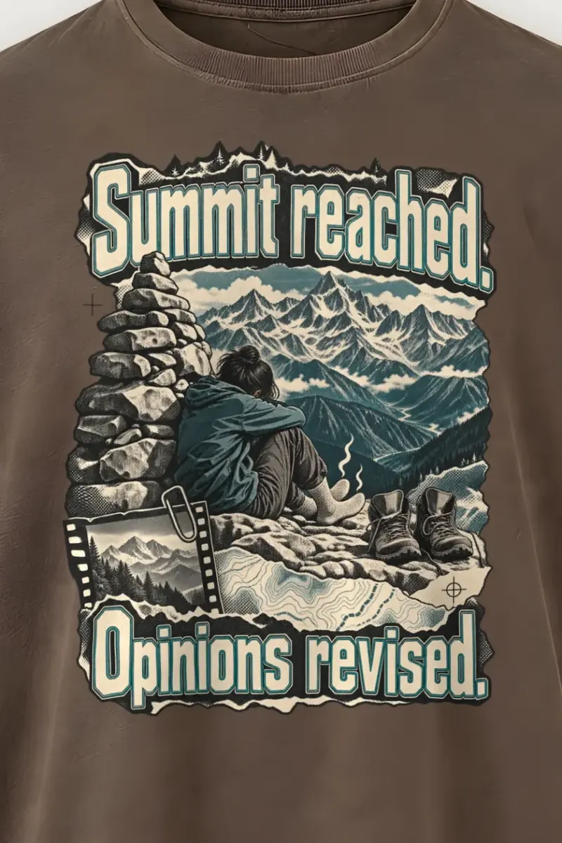 "Summit Reached. Opinions Revised." Men’s Oversized Heavyweight Crewneck T-Shirt - the graphic up close