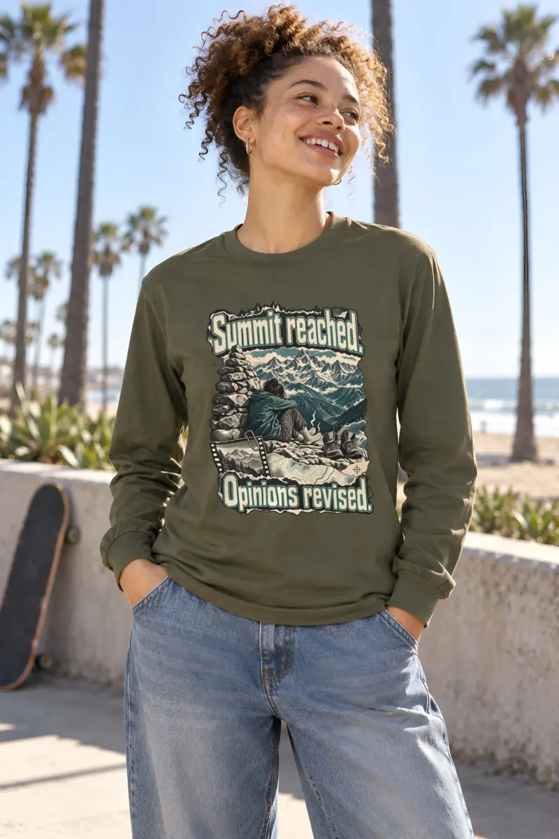 "Summit Reached. Opinions Revised." Unisex Longsleeve T-shirt