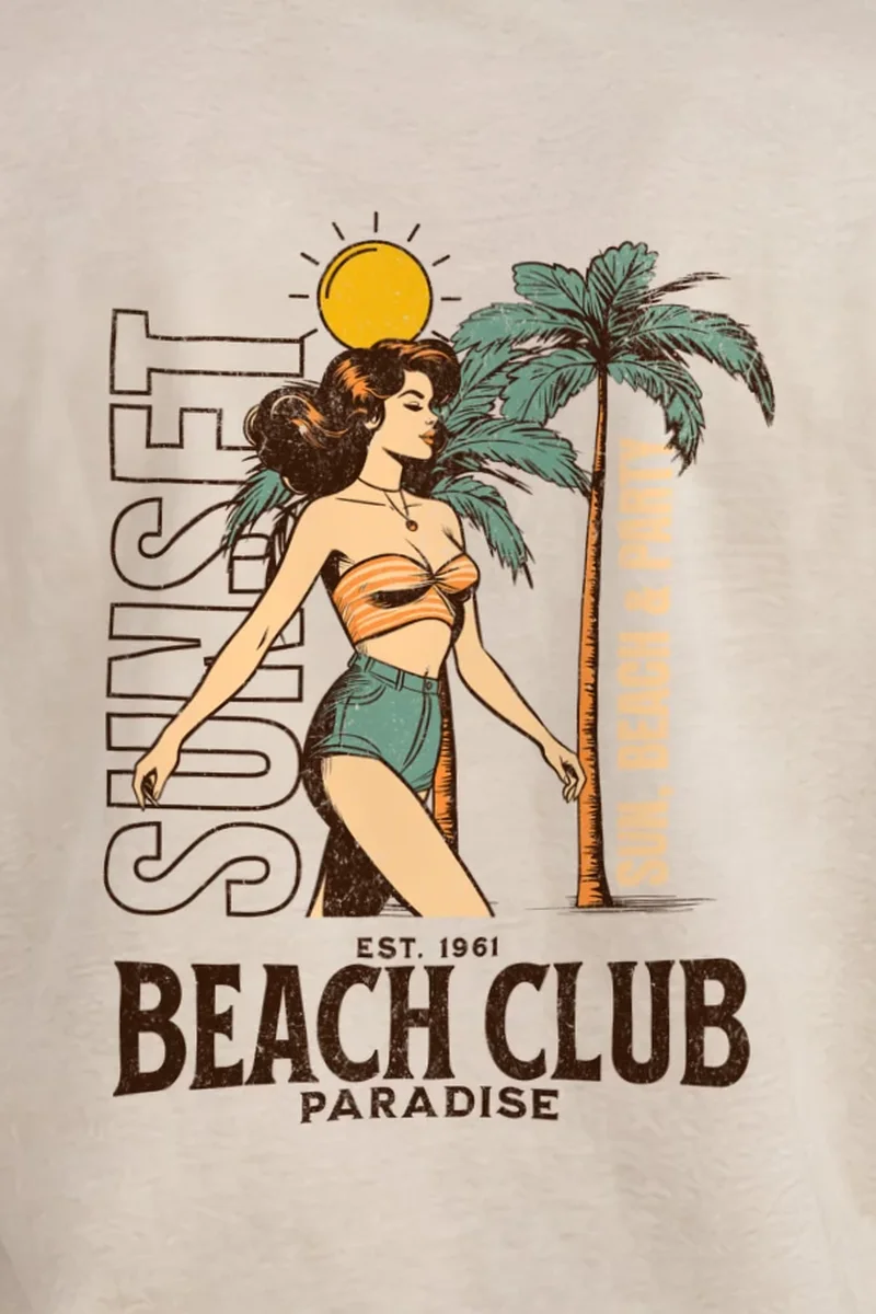 "Sun, Beach & Party" Heavyweight Unisex Crewneck T-shirt - the graphic up close