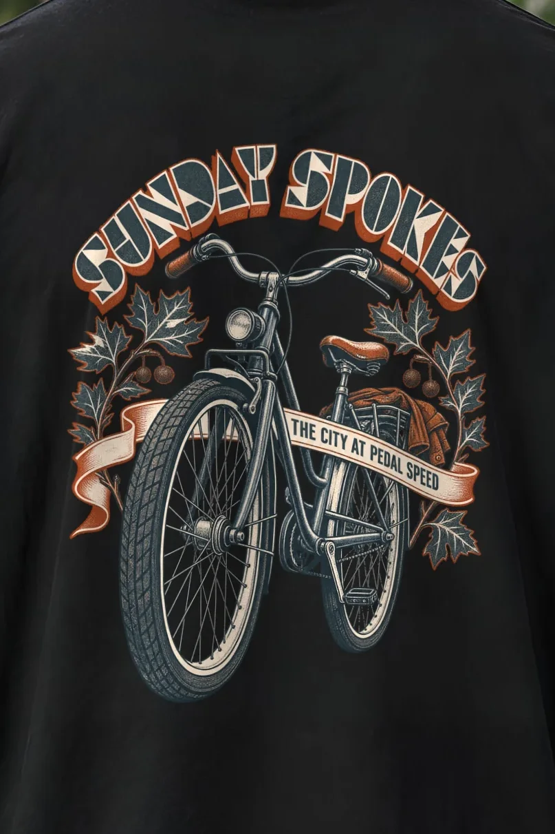 "SUNDAY SPOKES THE CITY AT PEDAL SPEED" Men’s Oversized Heavyweight Crewneck T-Shirt - the graphic up close