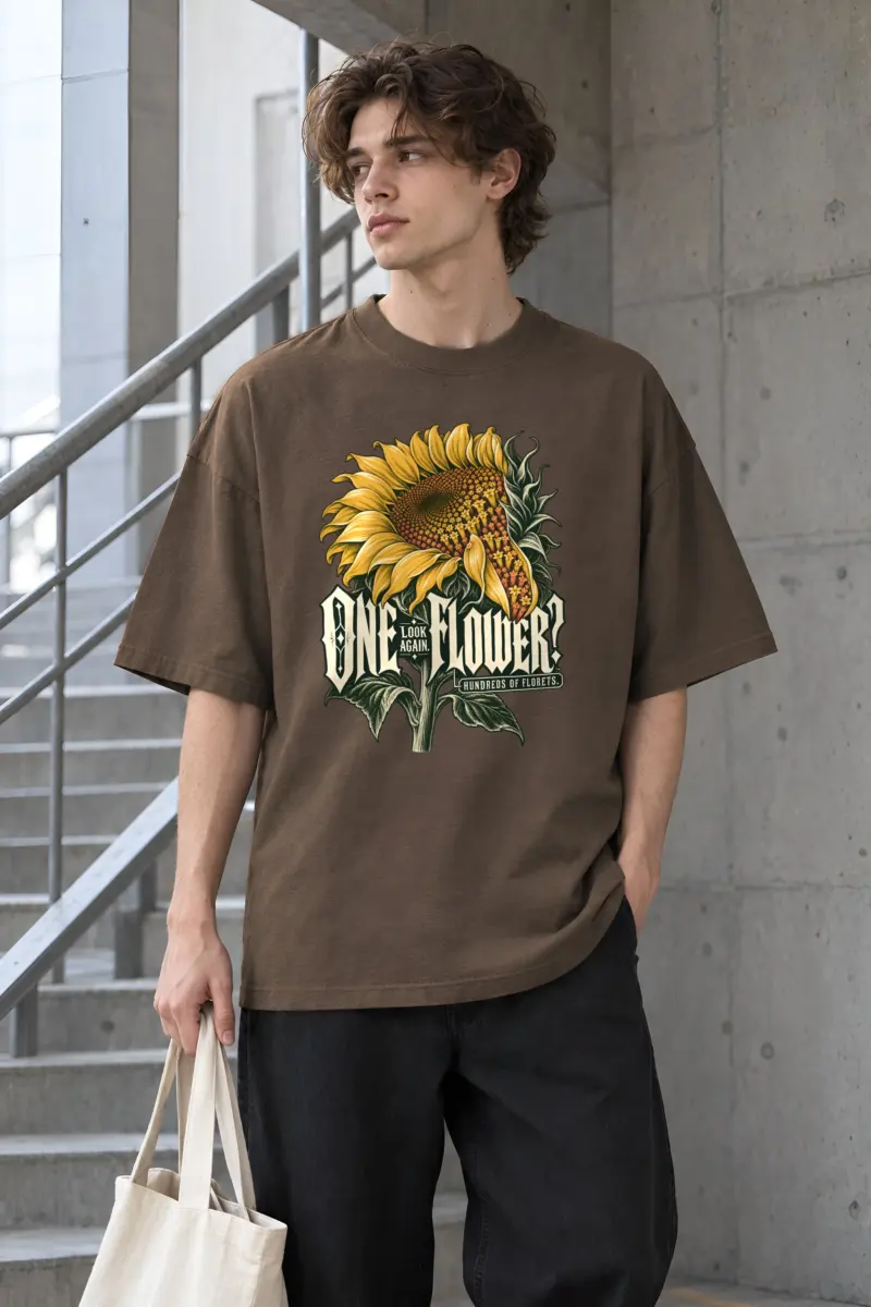 "Sunflower Floret Study" Unisex Oversized Heavyweight Crewneck T-Shirt