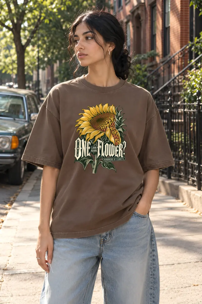 "Sunflower Floret Study" Unisex Oversized Heavyweight Crewneck T-Shirt
