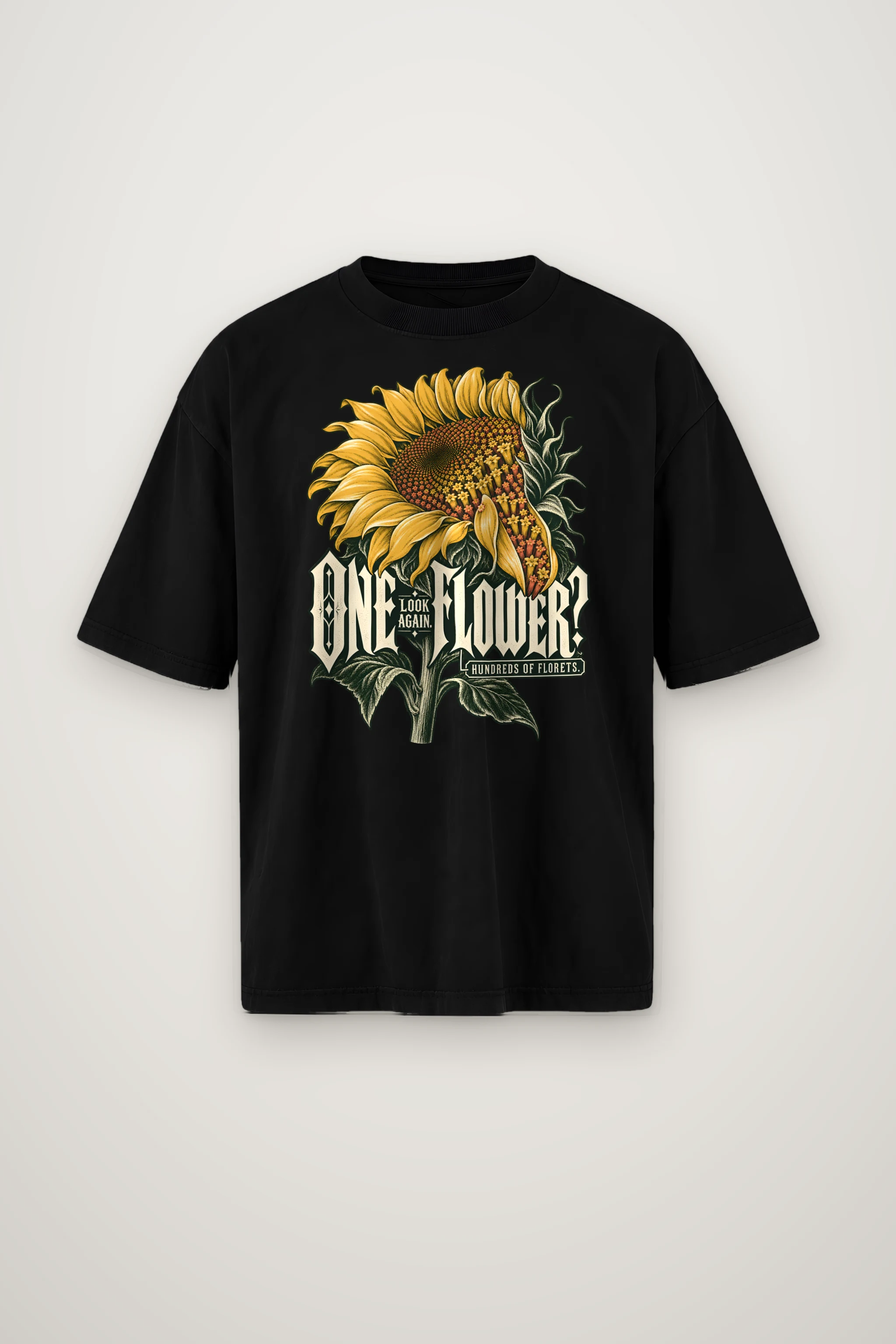 "Sunflower Floret Study" Men's Oversized Heavyweight Crewneck T-Shirt