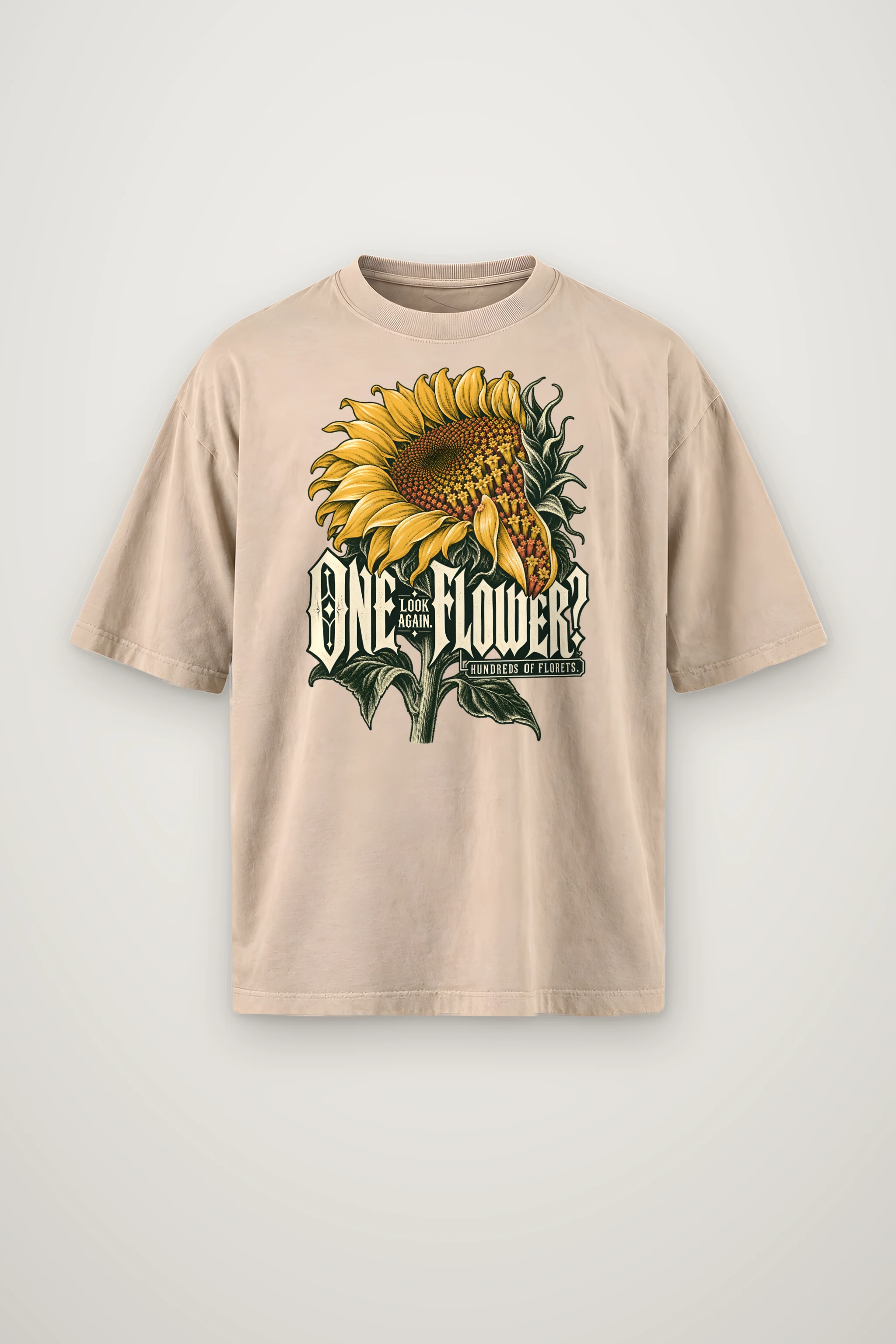 "Sunflower Floret Study" Men's Oversized Heavyweight Crewneck T-Shirt