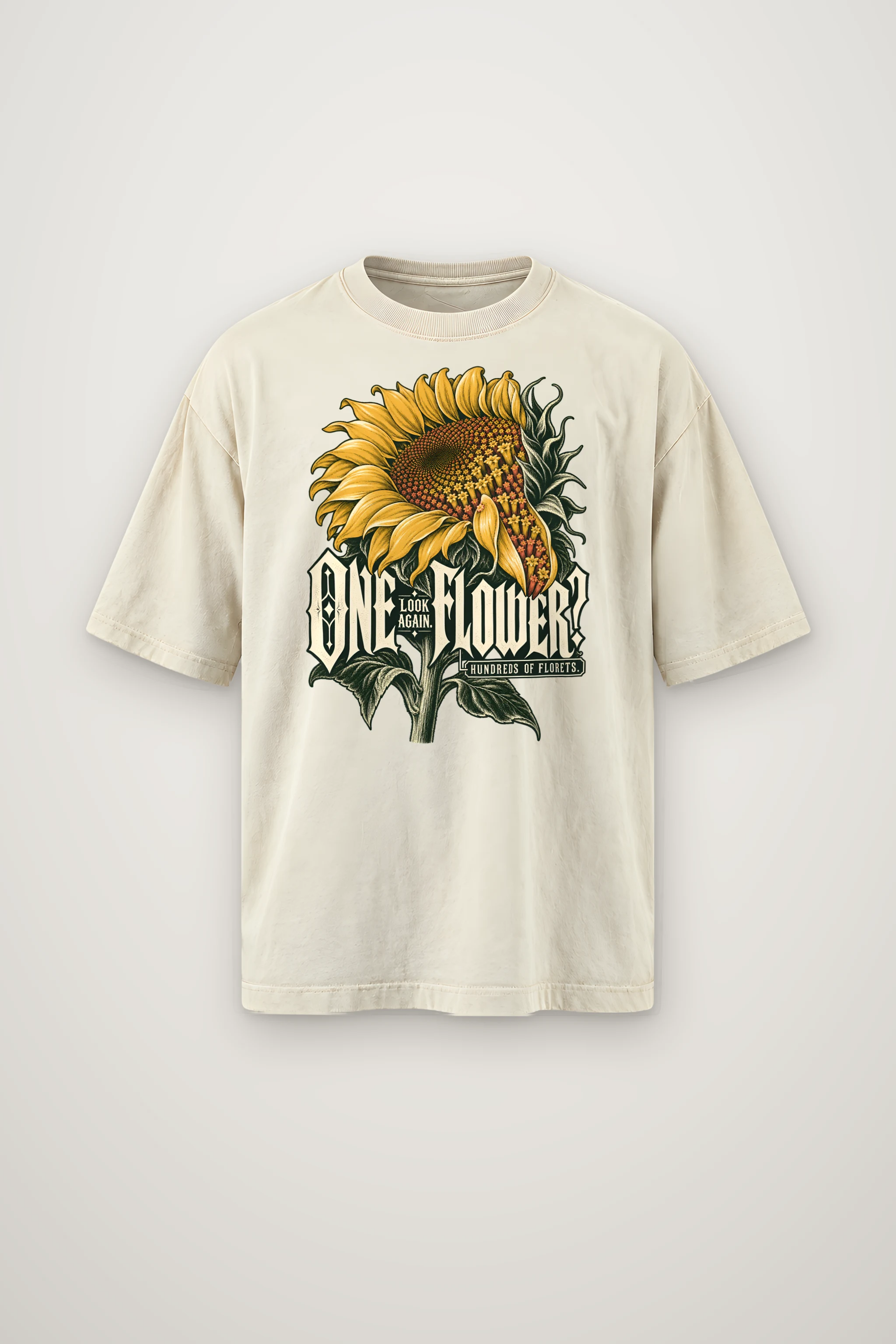 "Sunflower Floret Study" Men's Oversized Heavyweight Crewneck T-Shirt
