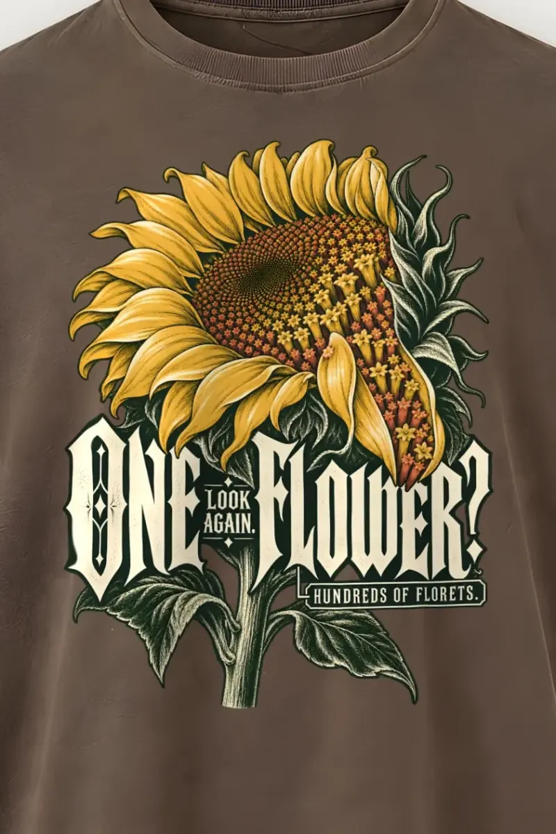 "Sunflower Floret Study" Men’s Oversized Heavyweight Crewneck T-Shirt - the graphic up close