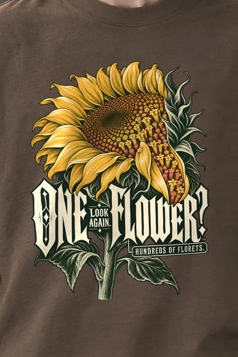 "Sunflower Floret Study" Men’s Oversized Heavyweight Crewneck T-Shirt - the graphic up close