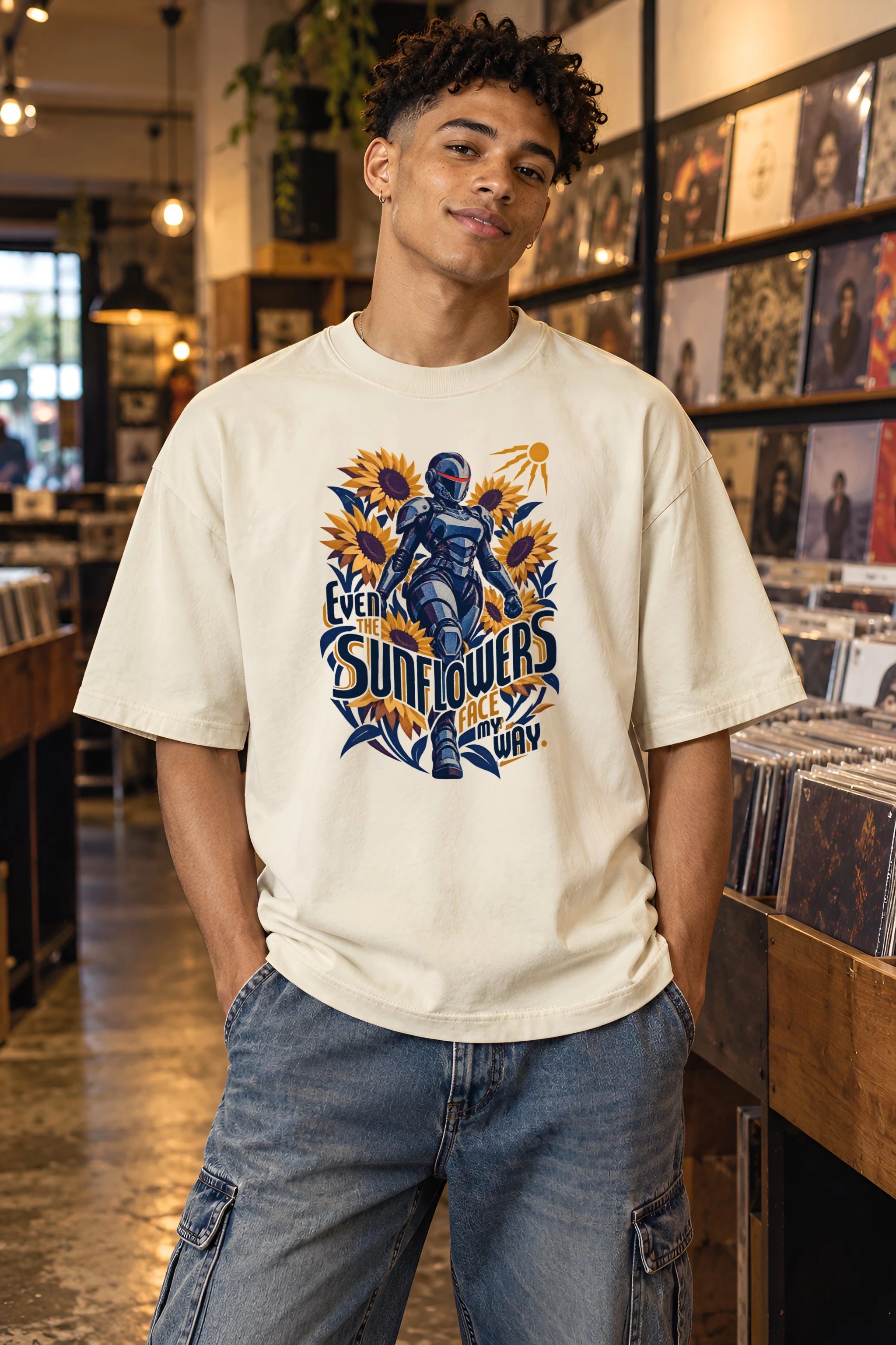 "Sunflowers Face My Way" Unisex Oversized Heavyweight Crewneck T-Shirt