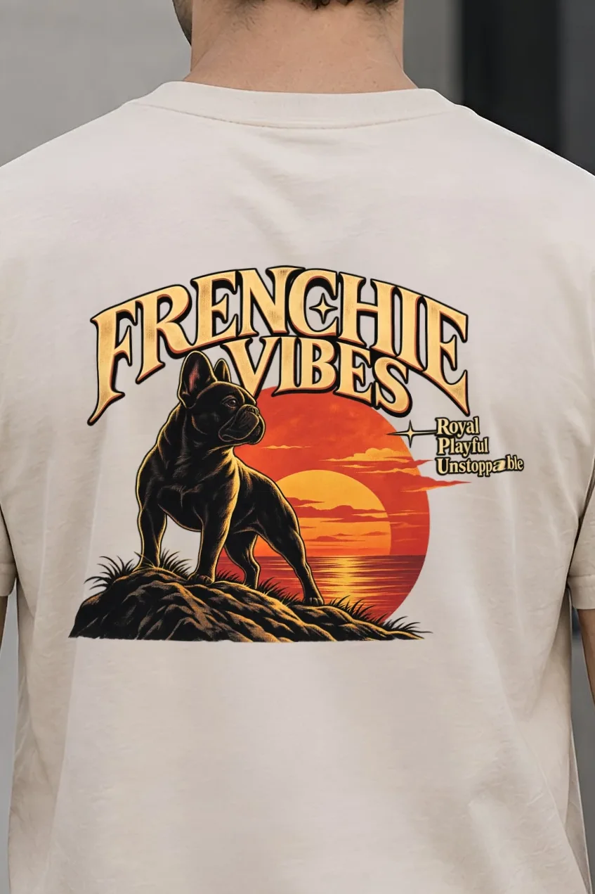 "Sunset French Bulldog" Heavyweight Unisex Crewneck T-shirt - the graphic up close