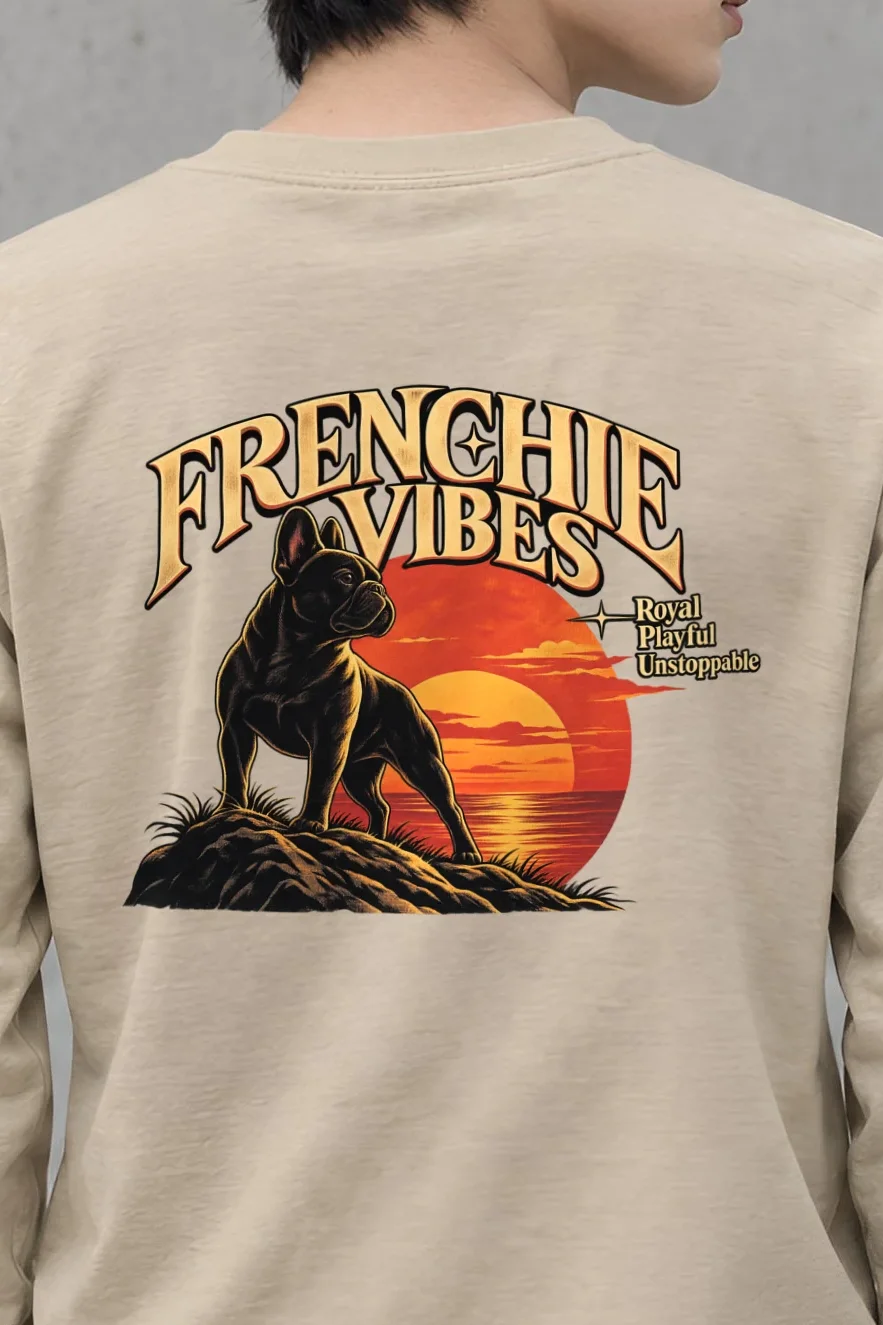 "Sunset French Bulldog" Unisex Longsleeve T-shirt - the graphic up close