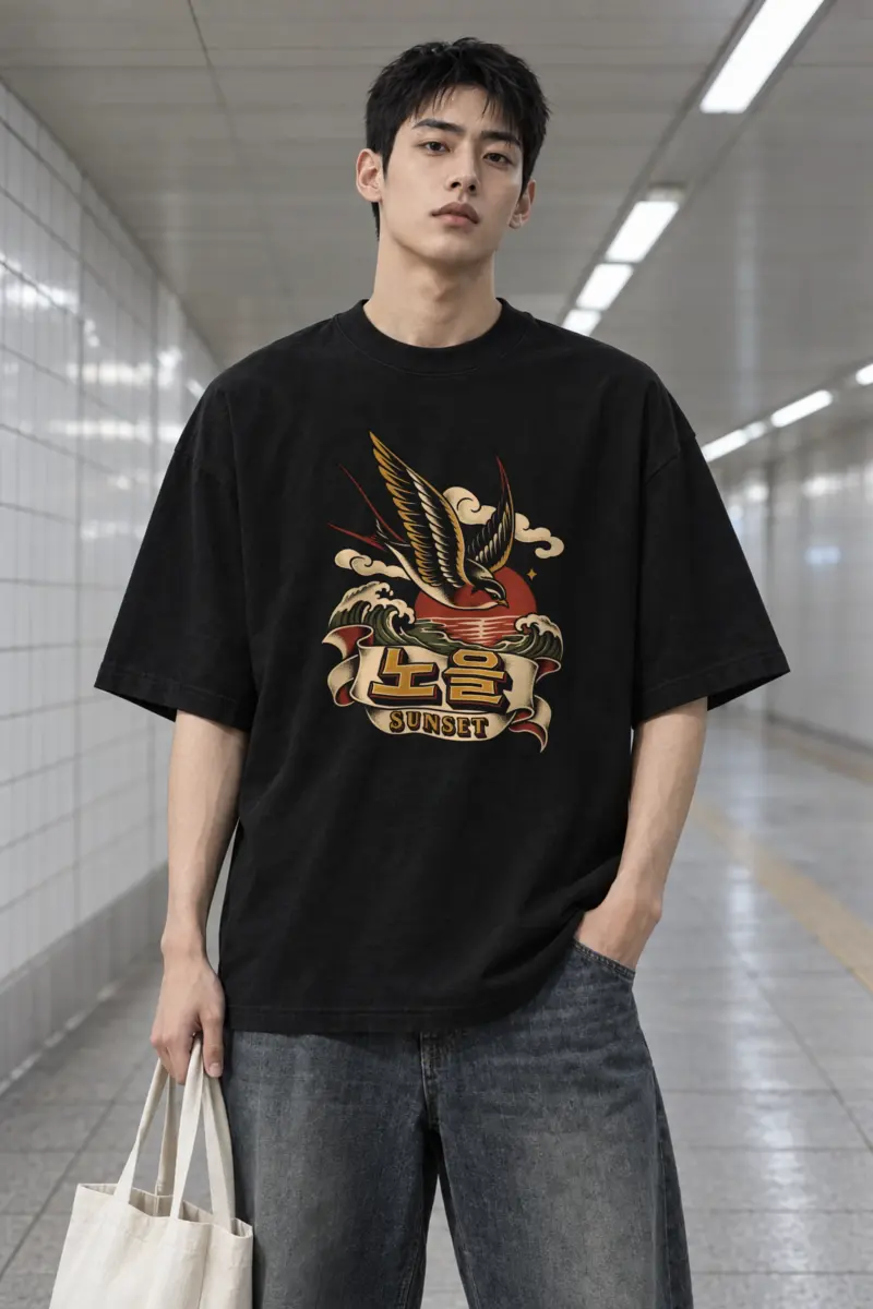 "Sunset Large Bird" Men's Oversized Heavyweight Crewneck T-Shirt