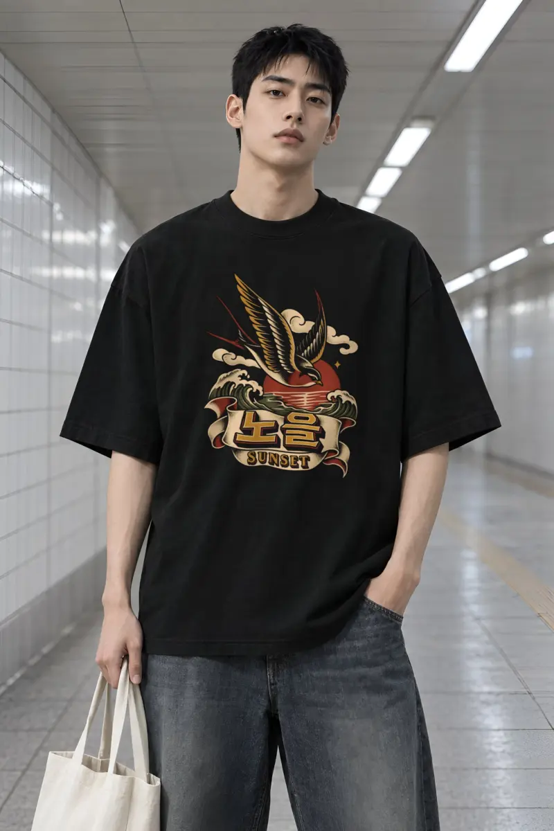 "Sunset Large Bird" Men's Oversized Heavyweight Crewneck T-Shirt