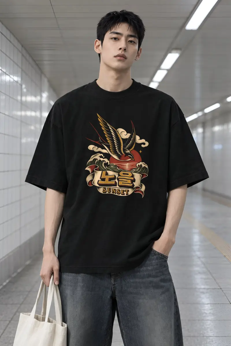 "Sunset Large Bird" Men's Oversized Heavyweight Crewneck T-Shirt