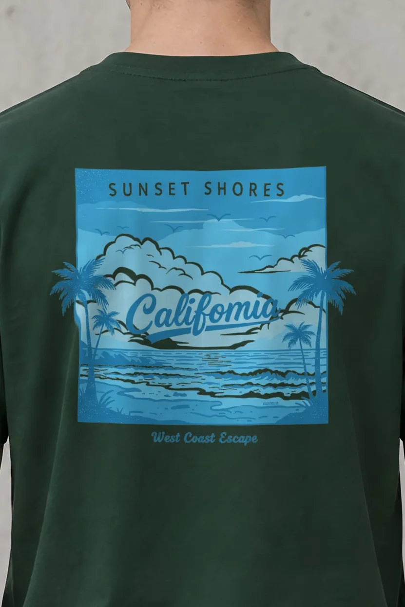"Sunset Shores" Heavyweight Unisex Crewneck T-shirt - the graphic up close
