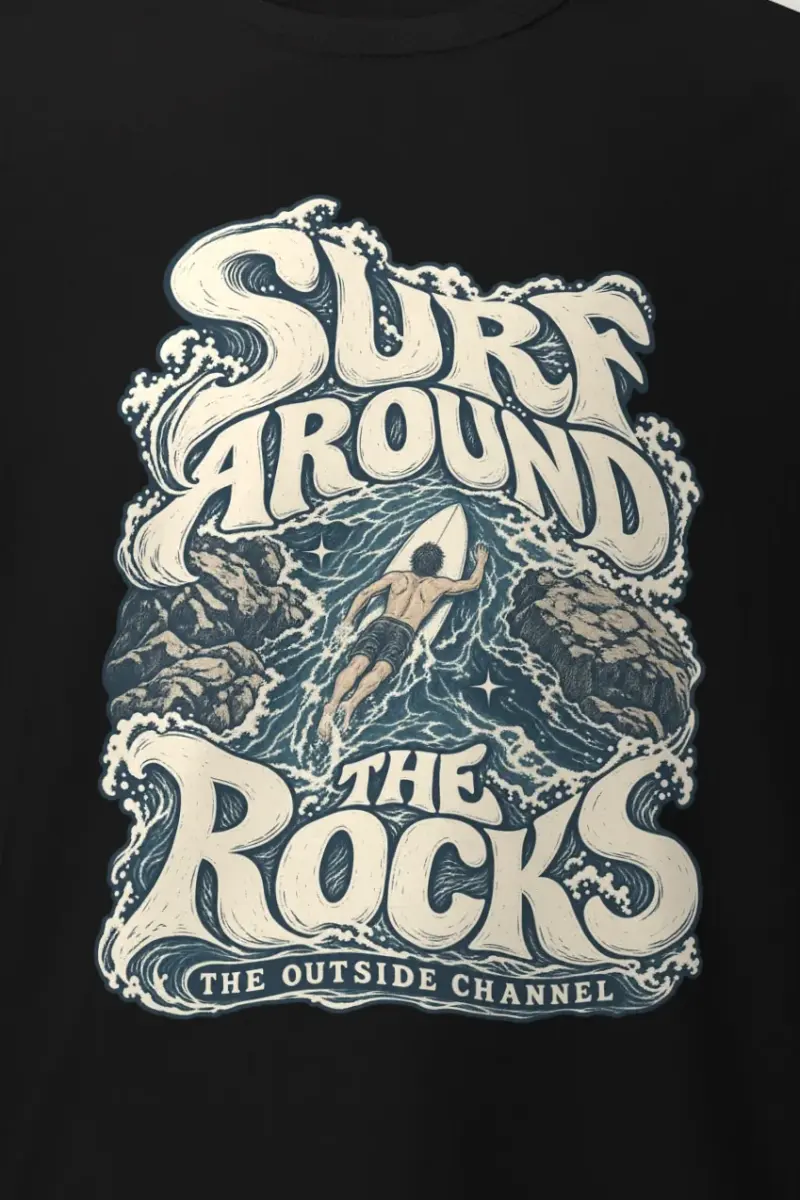 "Surf Around the Rocks" Heavyweight Unisex Crewneck T-shirt - the graphic up close