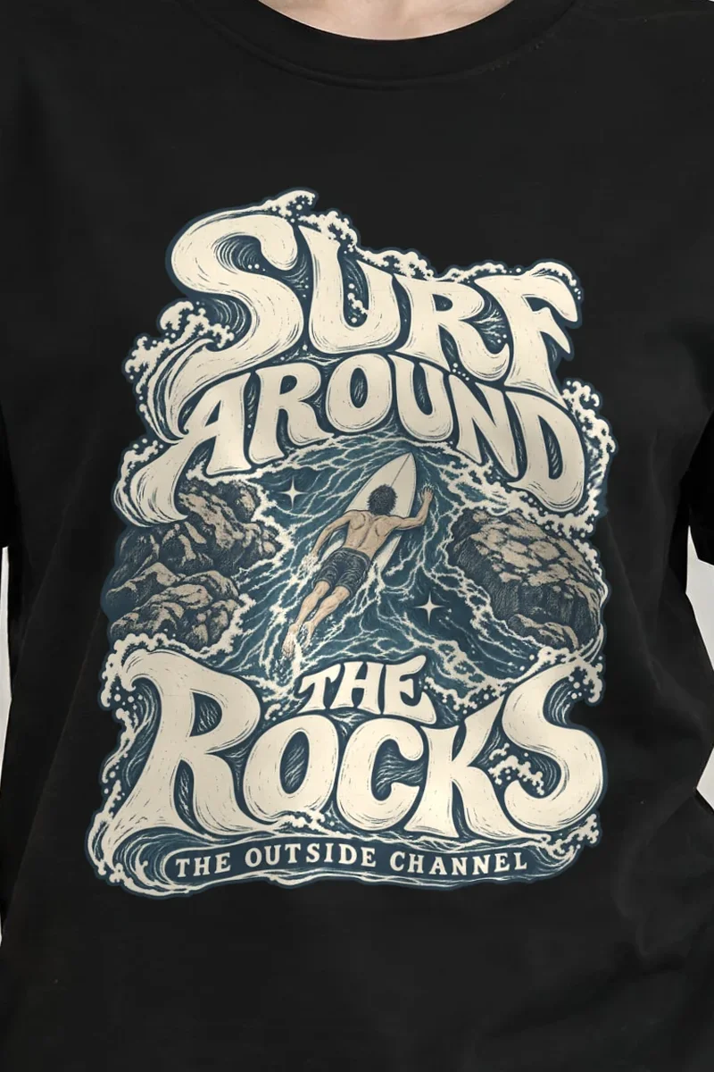 "Surf Around the Rocks" Heavyweight Unisex Crewneck T-shirt - the graphic up close