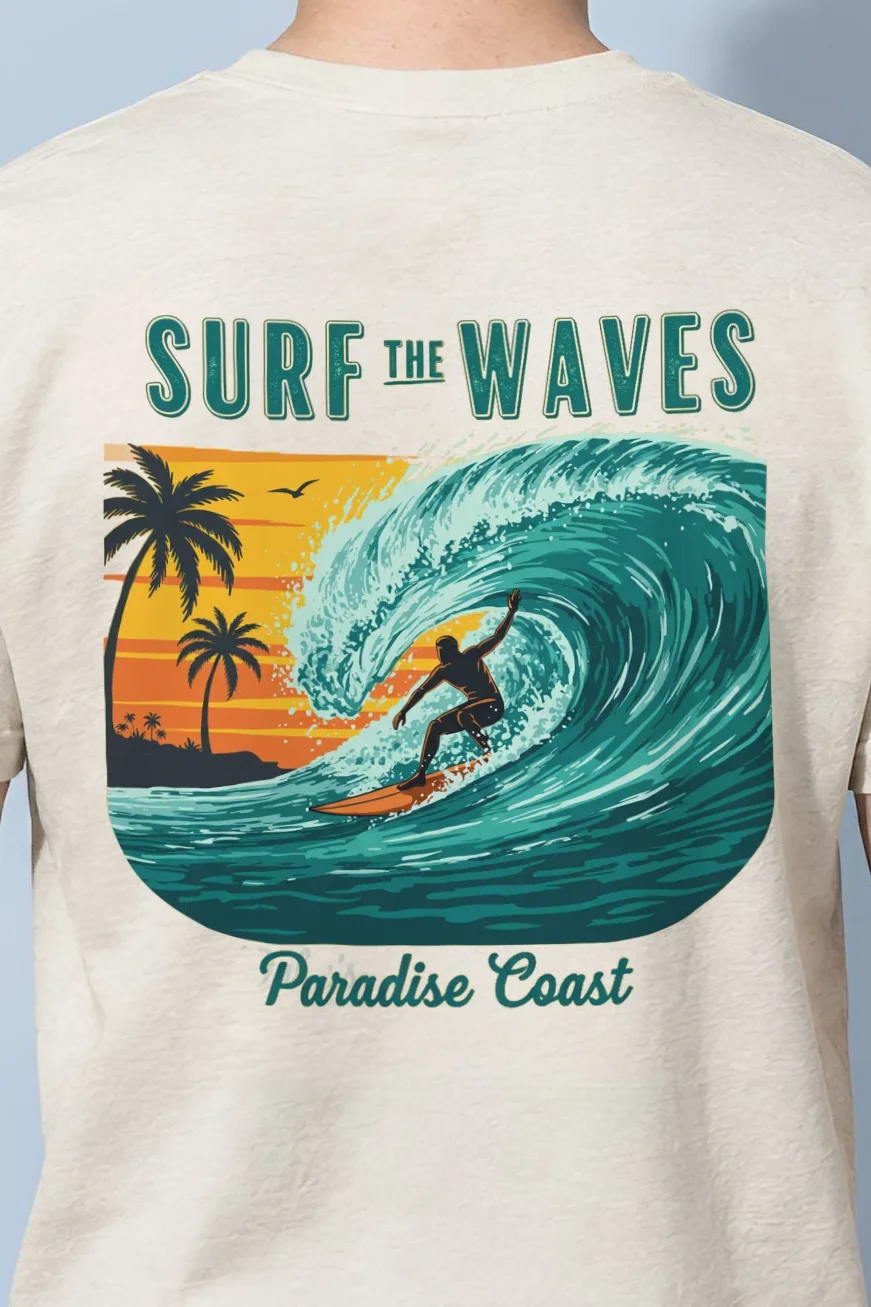 "Surf The Waves" Heavyweight Unisex Crewneck T-shirt - the graphic up close