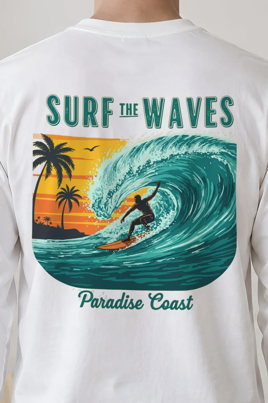 "Surf The Waves" Unisex Longsleeve T-shirt - the graphic up close