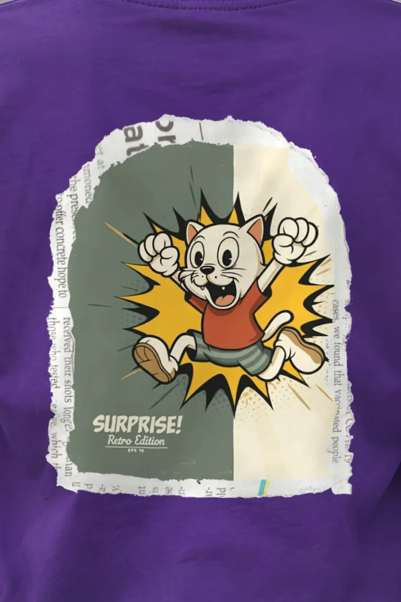 "Surprise Retro Cat" Heavyweight Unisex Crewneck T-shirt - the graphic up close