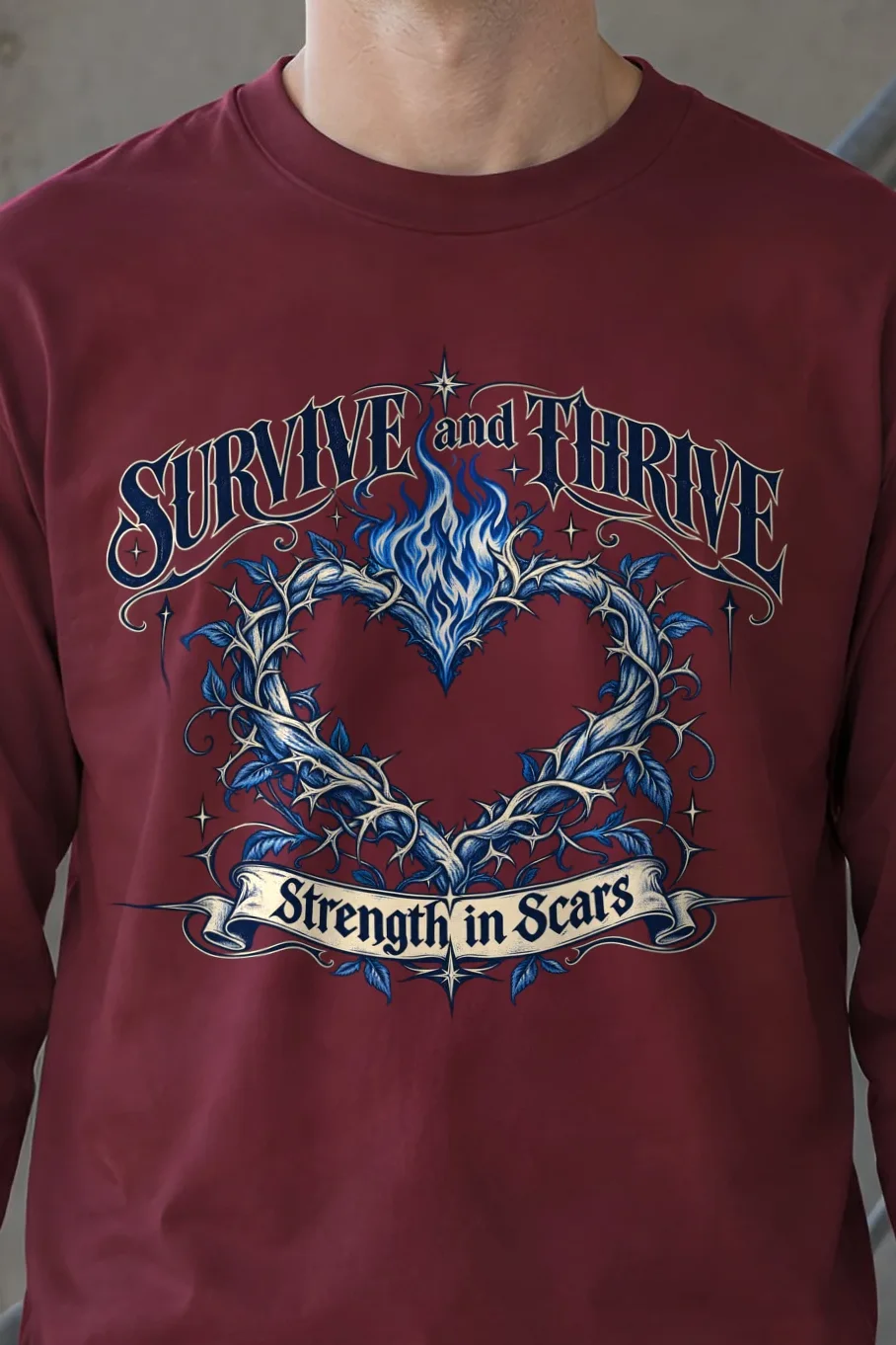 "Survive And Thrive" Unisex Longsleeve T-shirt - the graphic up close