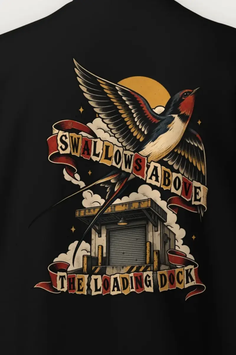 "Swallows Above the Loading Dock" Heavy Blend Unisex Crewneck Sweatshirt - the graphic up close