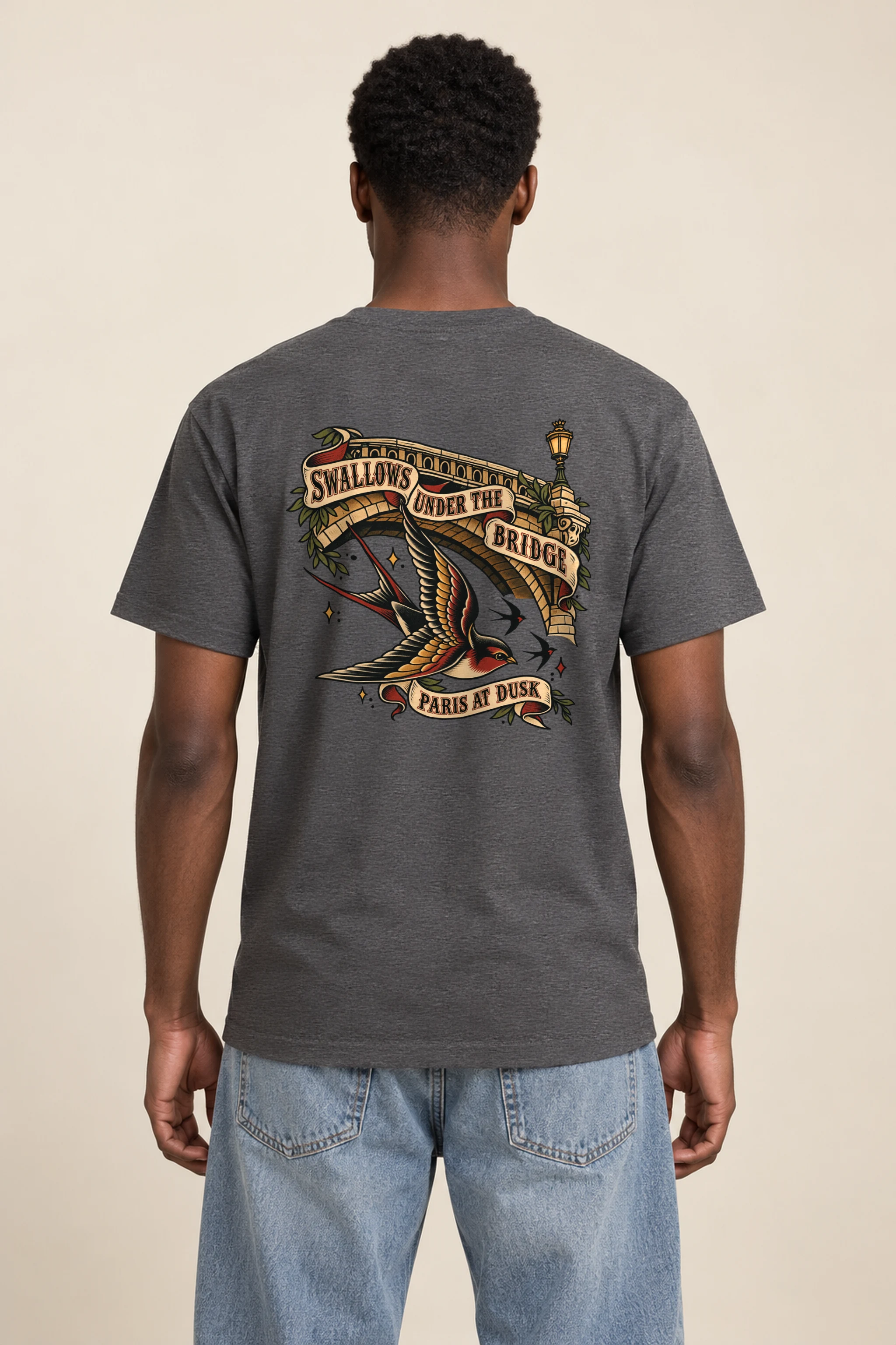 "Swallows Under The Bridge Paris At Dusk" Heavyweight Unisex Crewneck T-shirt