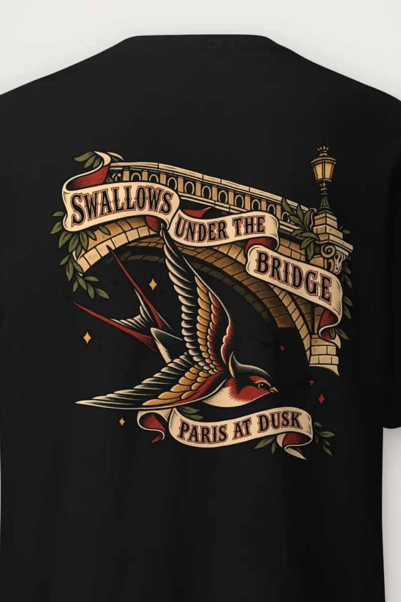 "Swallows Under The Bridge Paris At Dusk" Heavyweight Unisex Crewneck T-shirt - the graphic up close