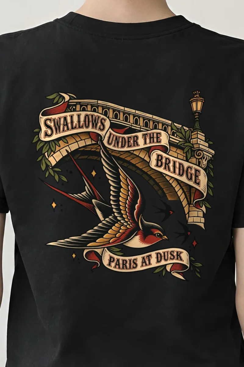 "Swallows Under The Bridge Paris At Dusk" Heavyweight Unisex Crewneck T-shirt - the graphic up close