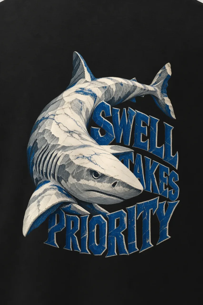"Swell Takes Priority" Men’s Oversized Heavyweight Crewneck T-Shirt - the graphic up close