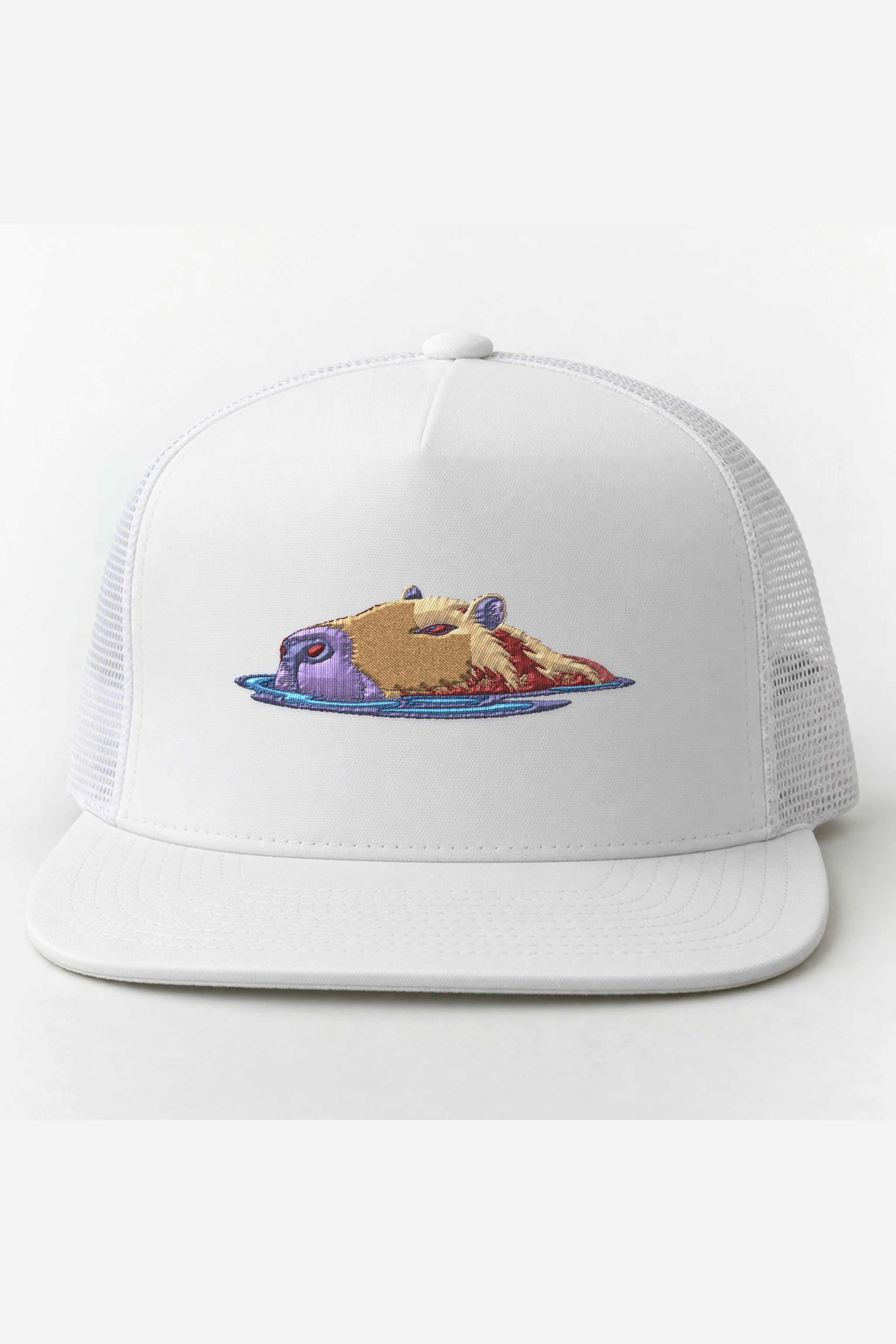 "Swimming Capybara" 5 Panel Trucker Cap · Embroidered