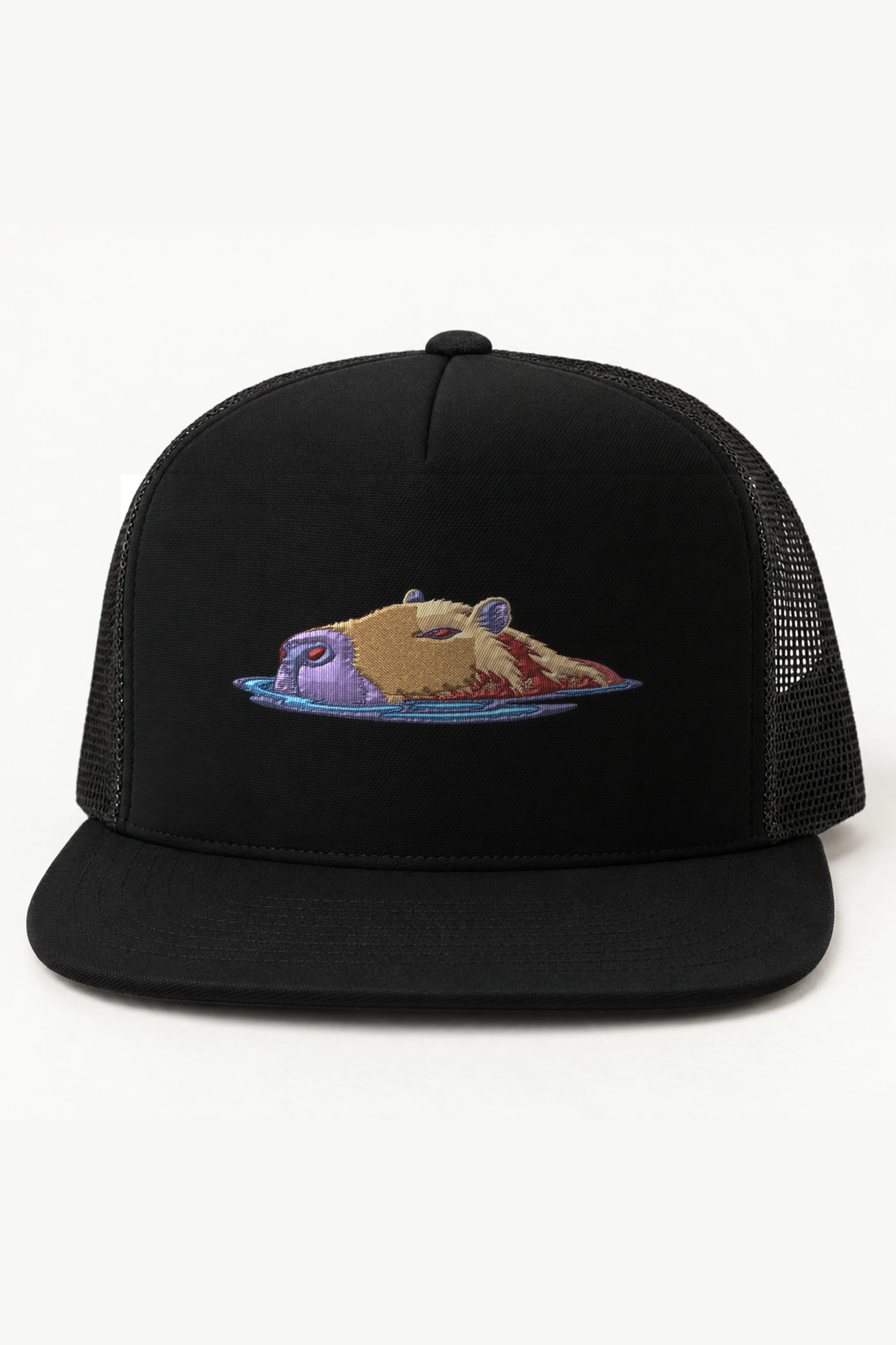 "Swimming Capybara" 5 Panel Trucker Cap · Embroidered