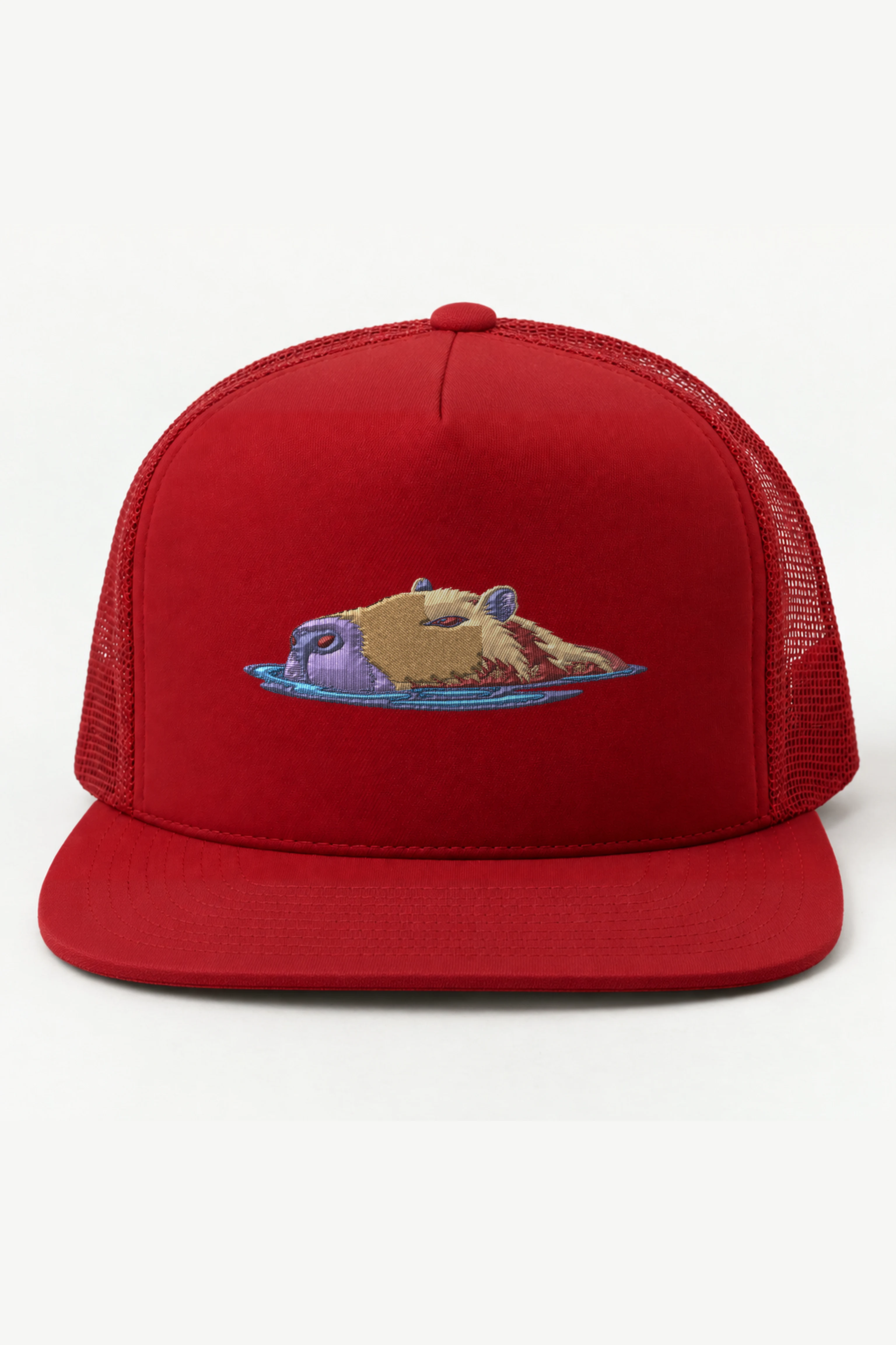 "Swimming Capybara" 5 Panel Trucker Cap · Embroidered