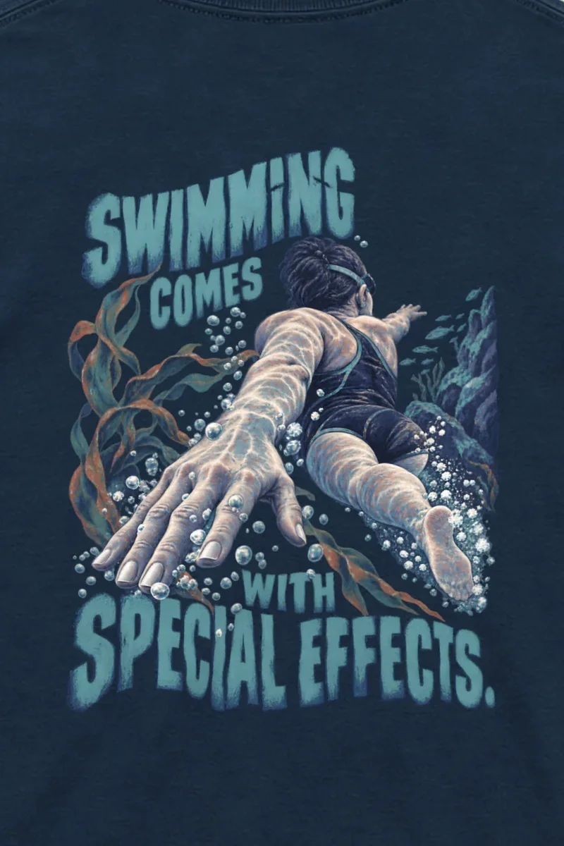 "Swimming Comes With Special Effects" Unisex Longsleeve T-shirt - the graphic up close