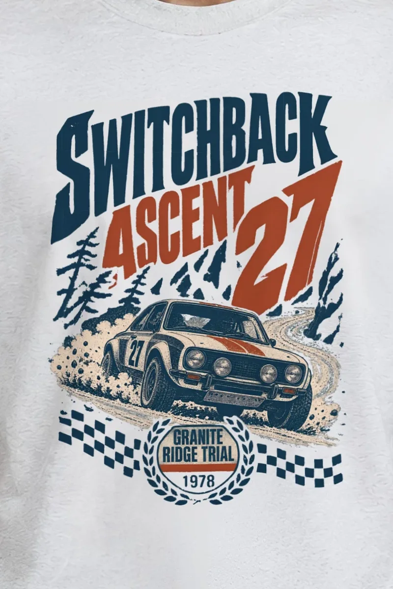 "Switchback Ascent" Heavyweight Unisex Crewneck T-shirt - the graphic up close
