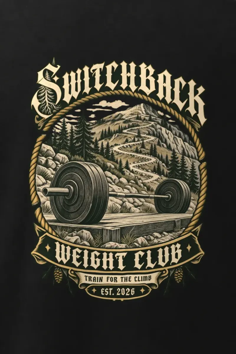 "Switchback Weight Club" Men’s Oversized Heavyweight Crewneck T-Shirt - the graphic up close
