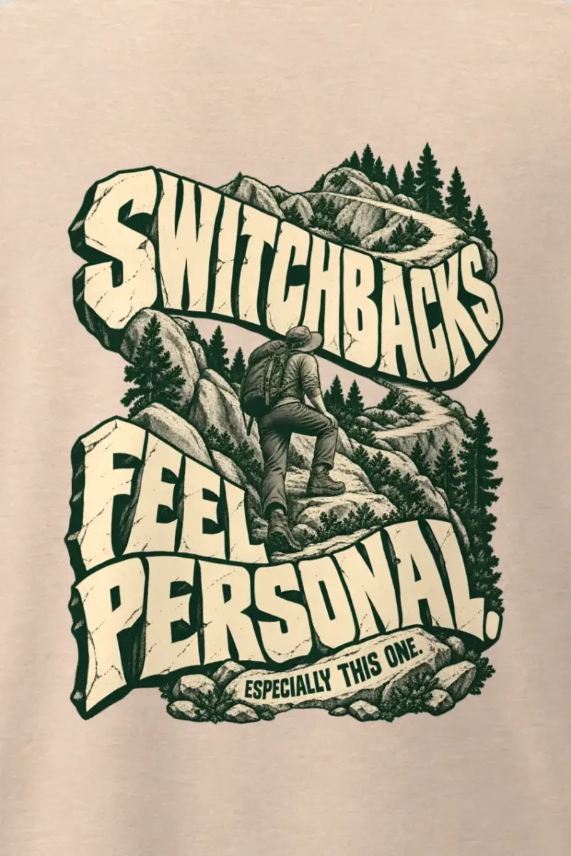 "Switchbacks Feel Personal" Men’s Oversized Heavyweight Crewneck T-Shirt - the graphic up close
