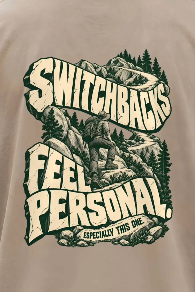 "Switchbacks Feel Personal" Men’s Oversized Heavyweight Crewneck T-Shirt - the graphic up close