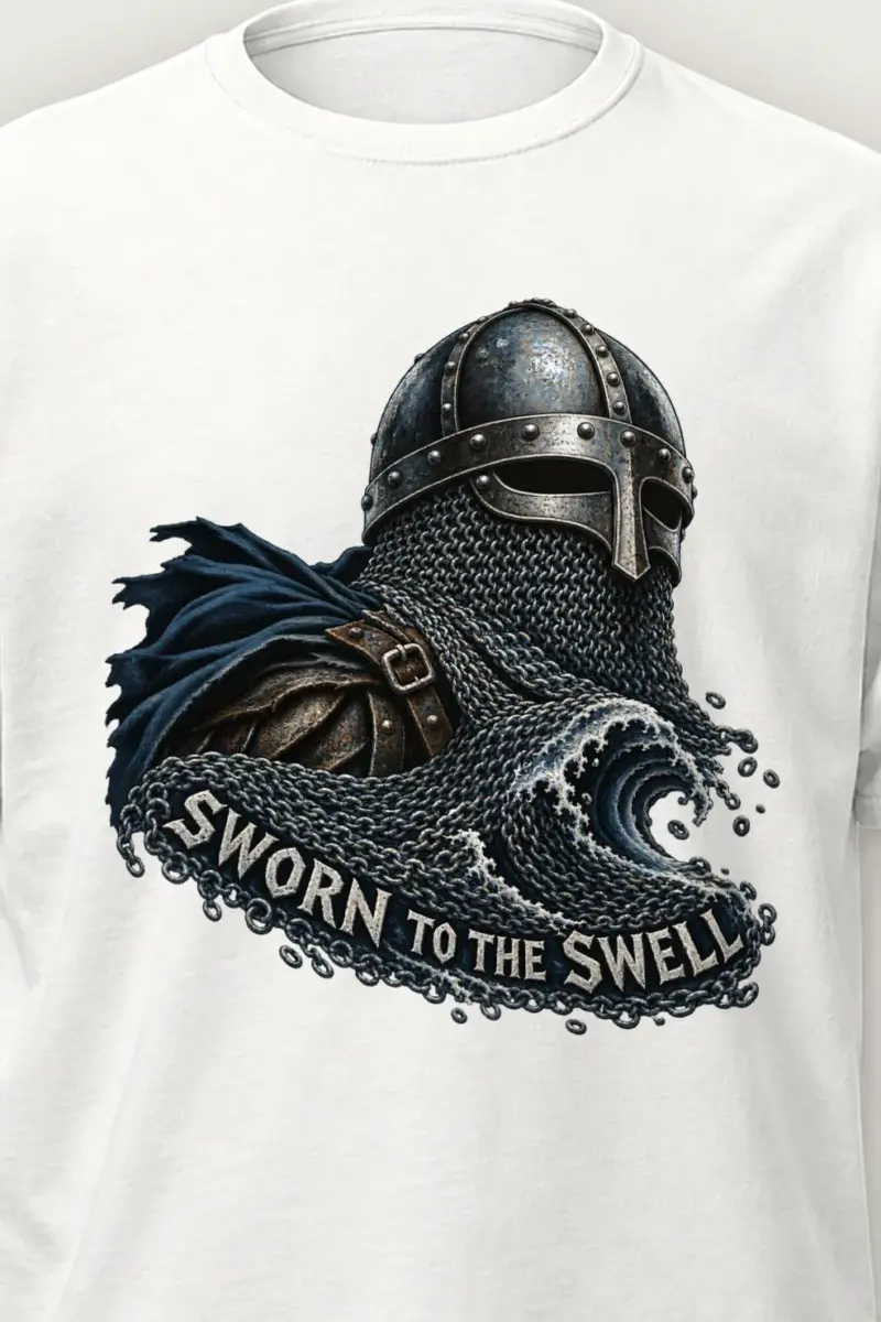 "Sworn to the Swell" Heavyweight Unisex Crewneck T-shirt - the graphic up close