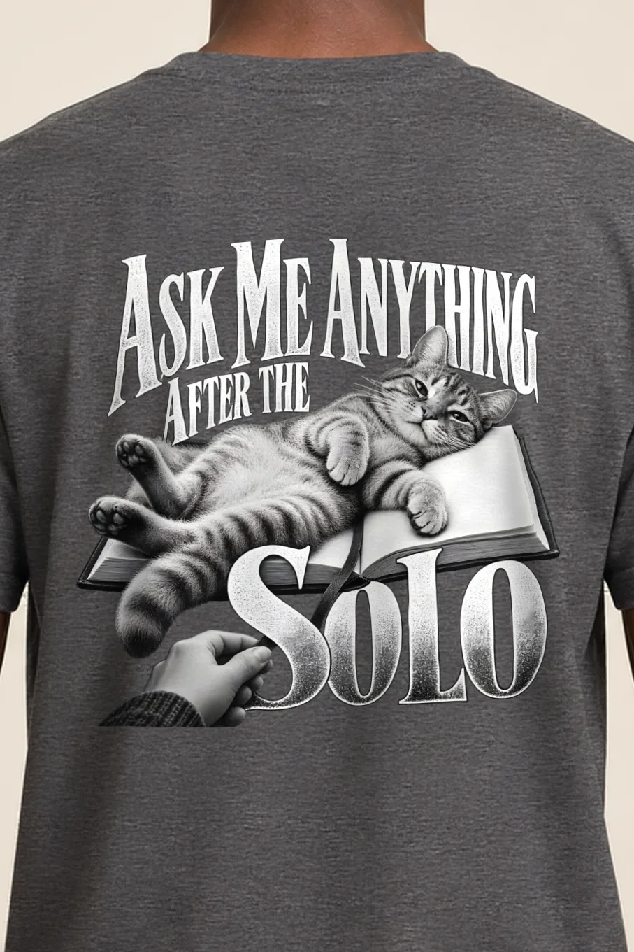 "Tabby Cat on Open Book" Heavyweight Unisex Crewneck T-shirt - the graphic up close