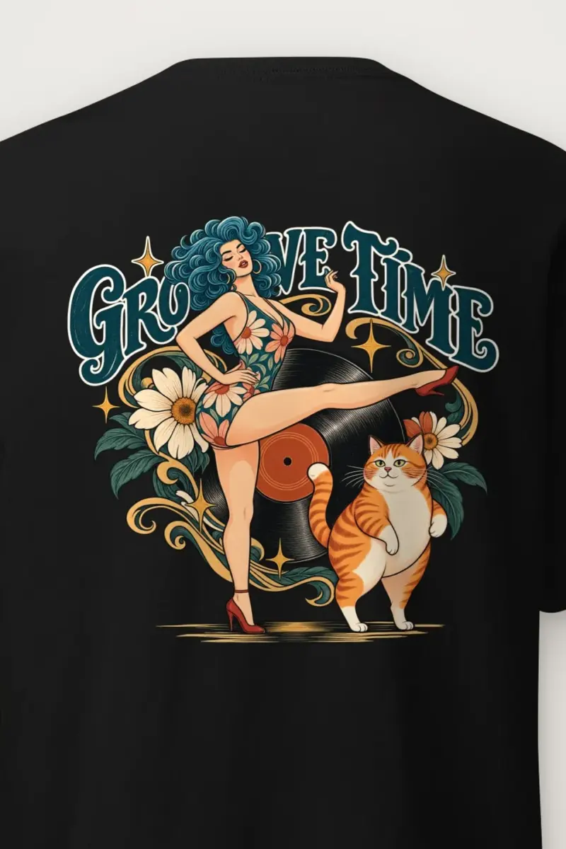 "Groove Time" Heavyweight Unisex Crewneck T-shirt - the graphic up close