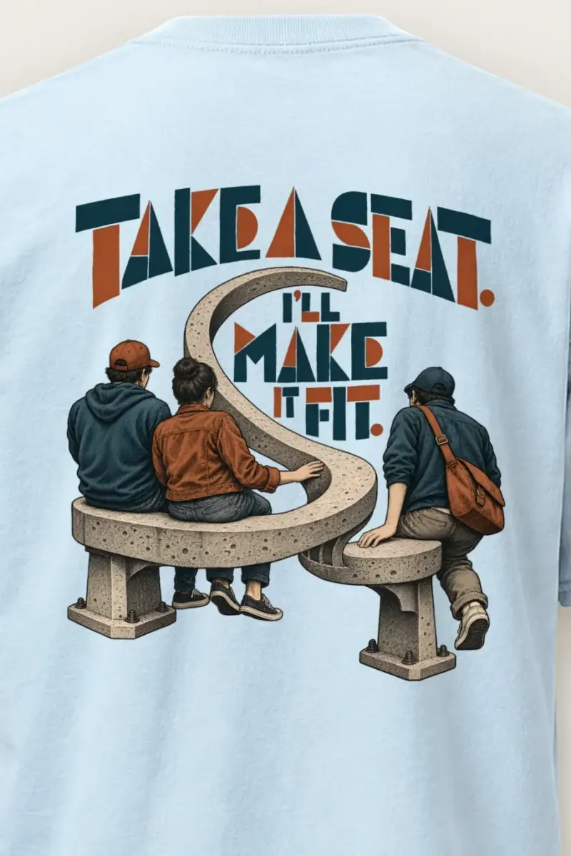 "Take a Seat. I’ll Make It Fit." Heavyweight Unisex Crewneck T-shirt - the graphic up close