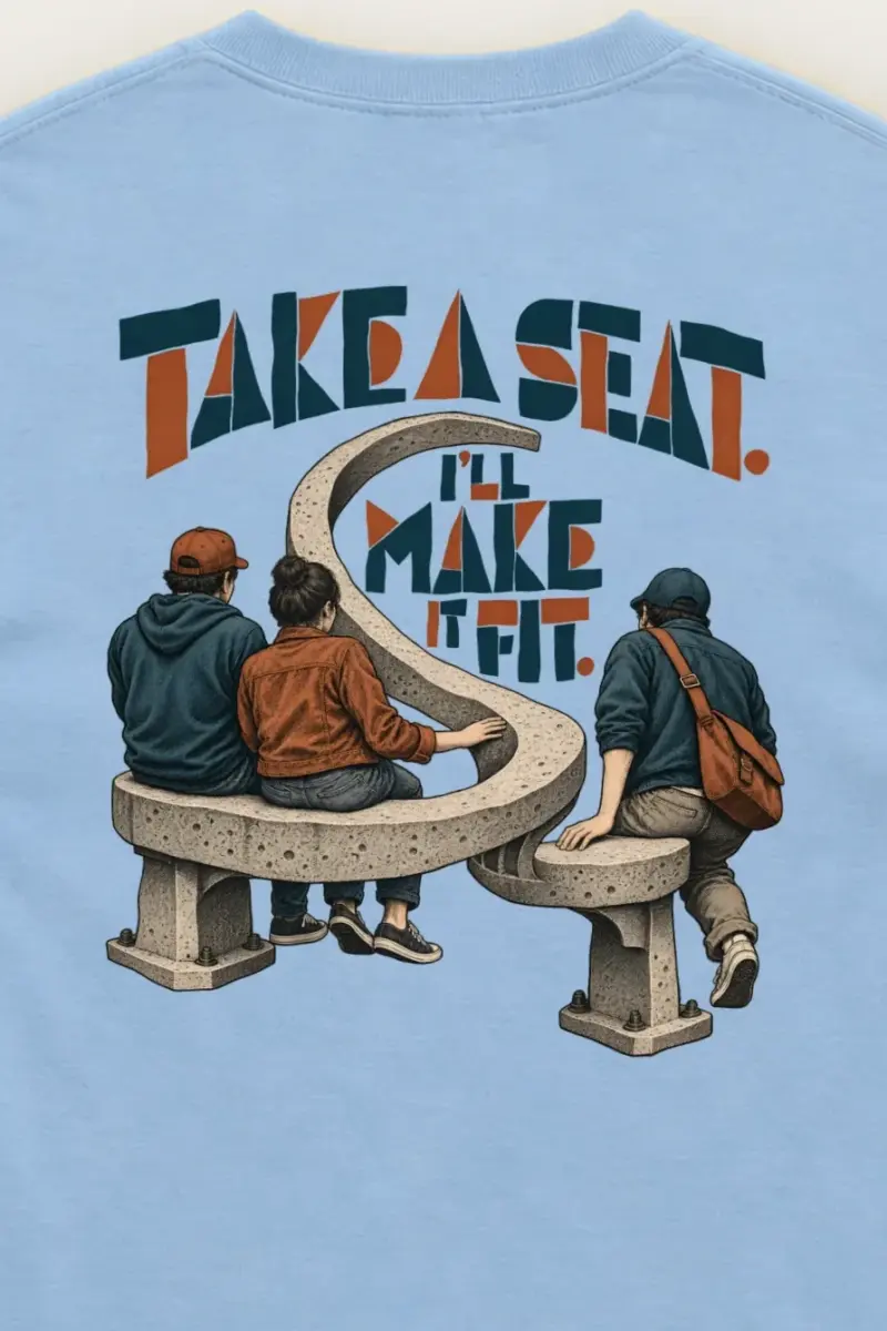 "Take a Seat, I’ll Make It Fit" Unisex Longsleeve T-shirt - the graphic up close