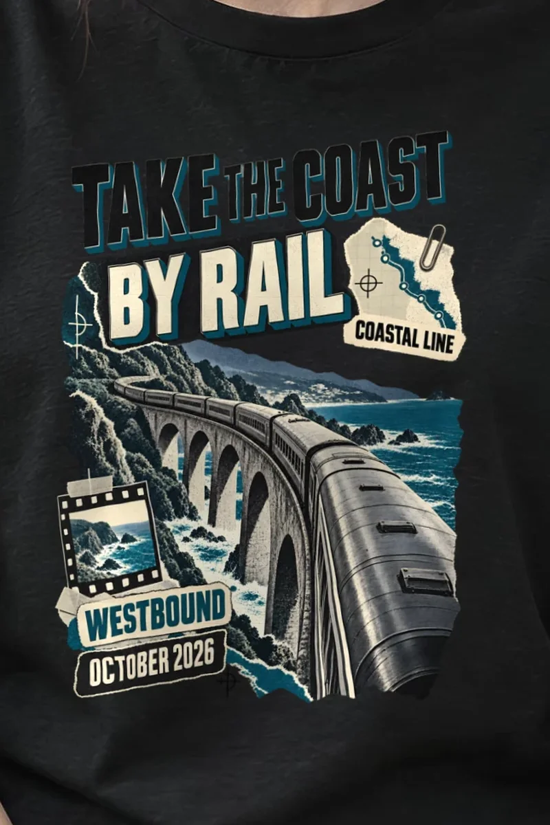 "Take the Coast by Rail" Heavyweight Unisex Crewneck T-shirt - the graphic up close